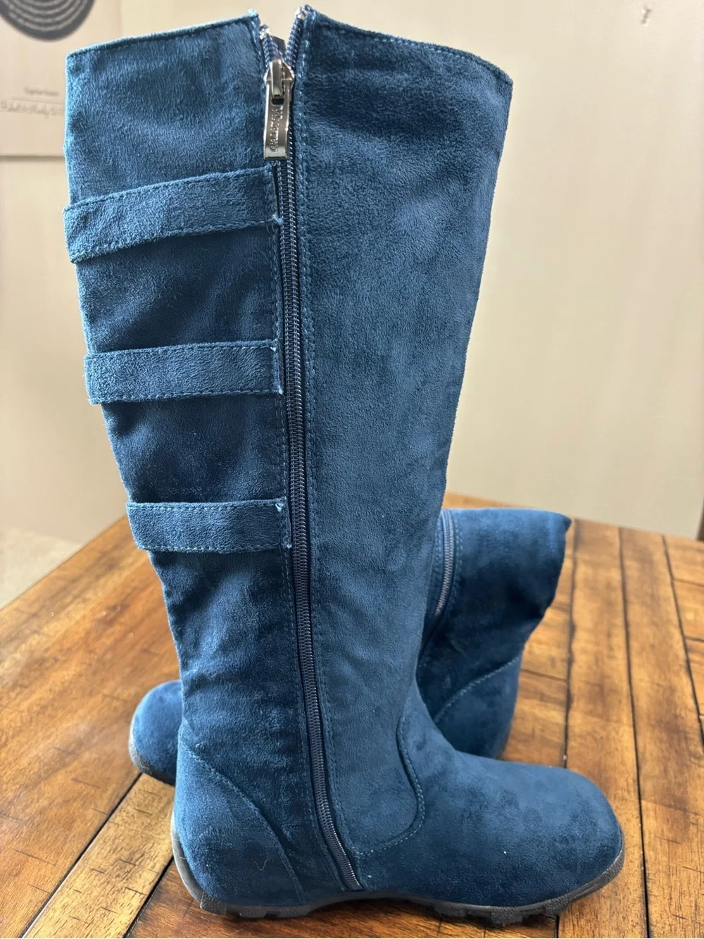 Wanted Blue Suede Under-the-Knee Buckle Boots